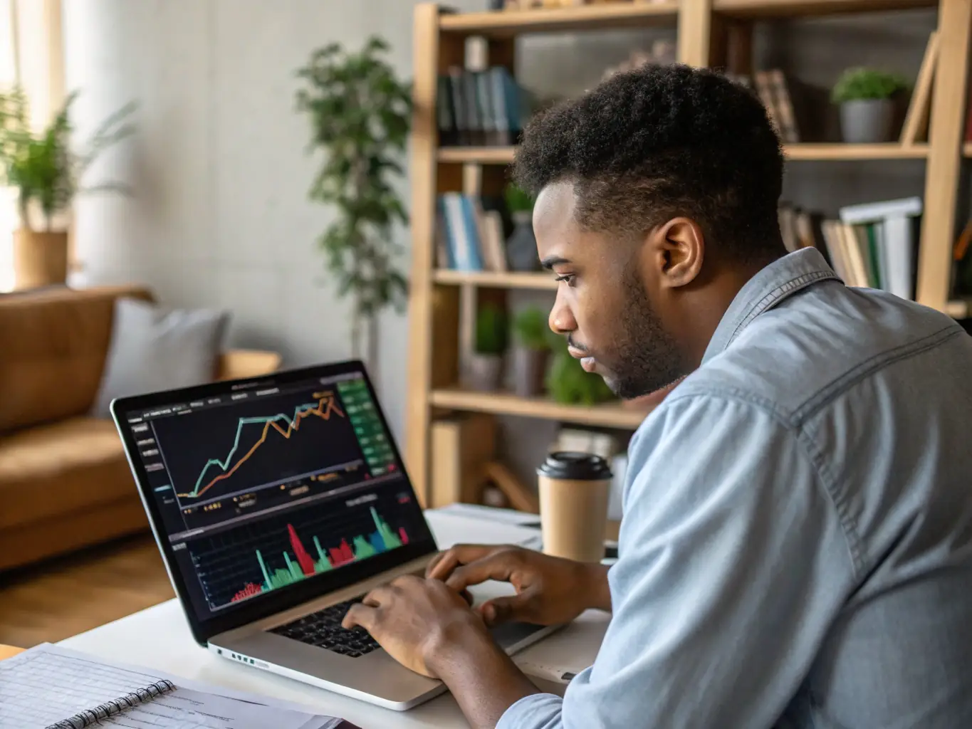 An Indian investor analyzing stock charts on a computer screen, representing equity investment strategies.