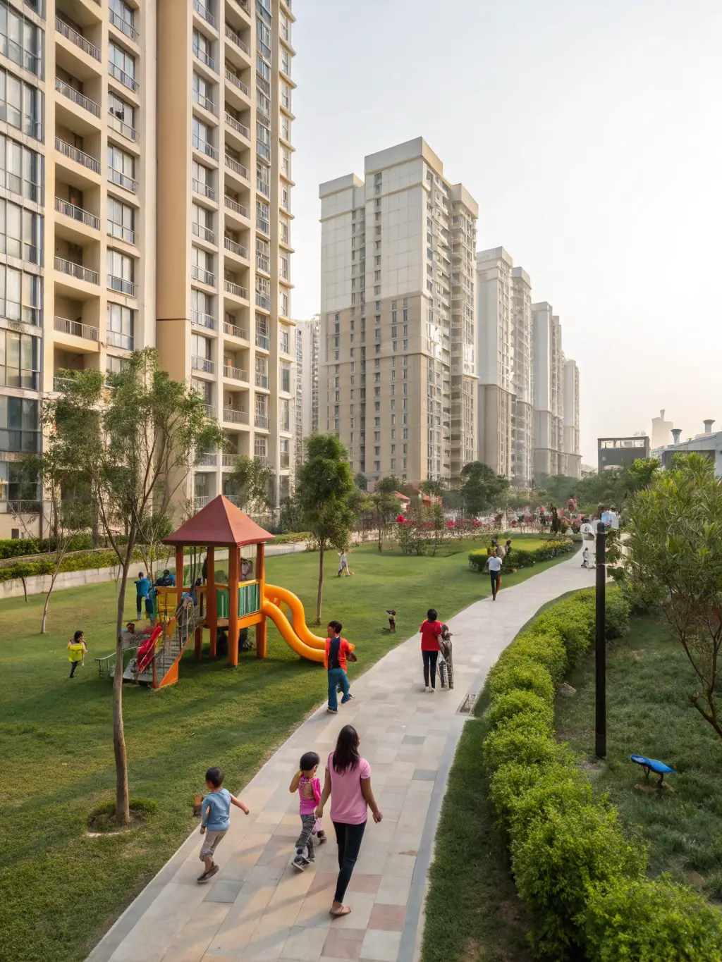 A luxurious residential complex in a bustling Indian city, showcasing modern architecture and lush green spaces, representing the potential of real estate investment.