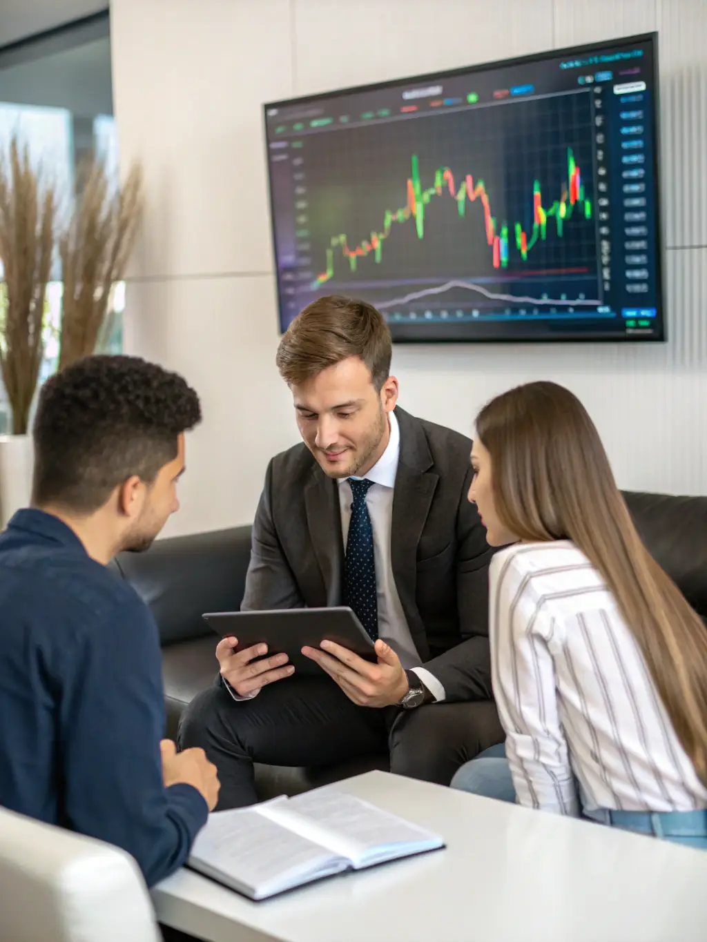 A professional Indian financial advisor is presenting a detailed equity investment strategy to a client in a modern office setting, with stock market charts displayed on a large screen in the background.