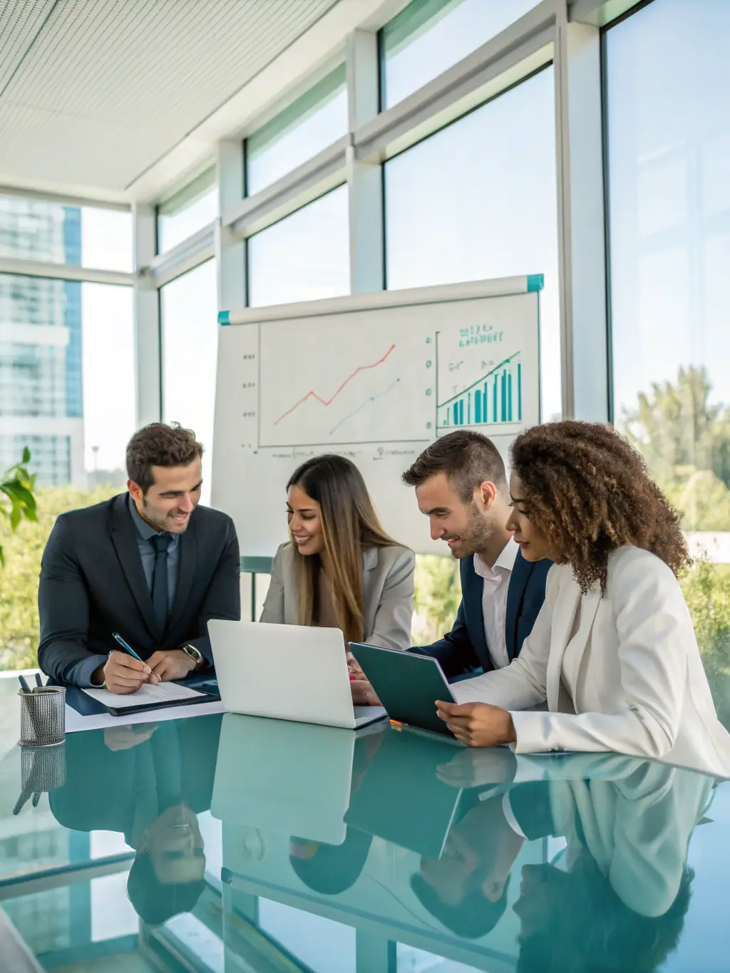 A diverse group of Indian professionals collaborating on financial planning, using digital tools and data analytics to optimize investment strategies.